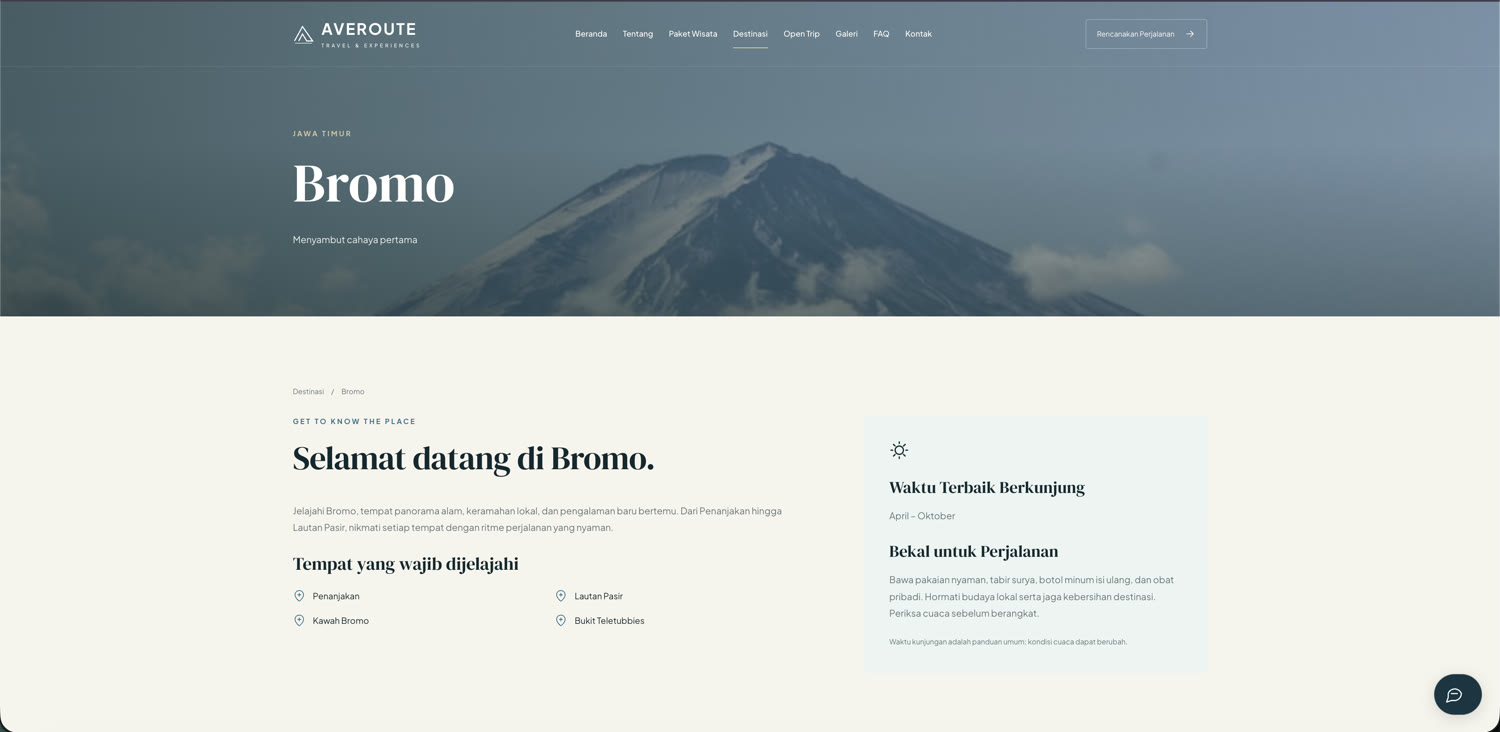 Halaman detail destinasi Bromo
