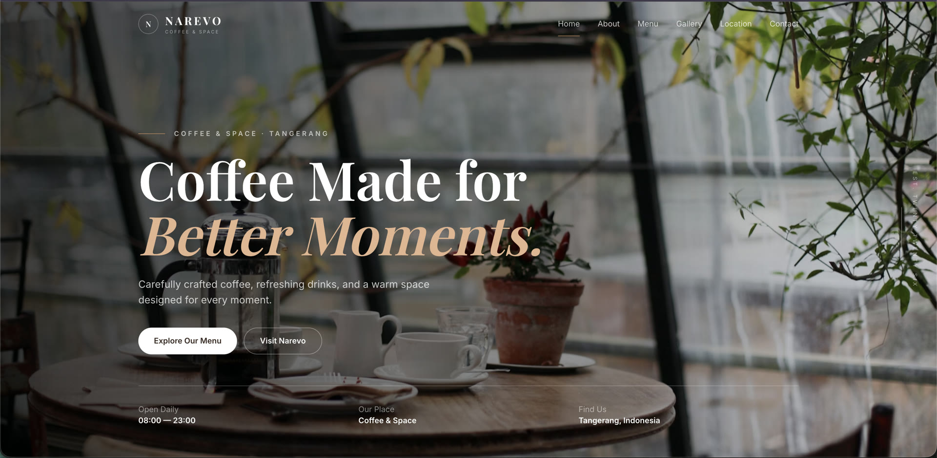 Portofolio Narevo Coffee & Space: Website Company Profile & Digital Menu