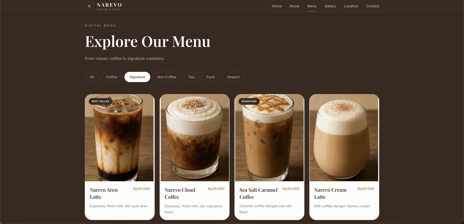 Digital menu Narevo Coffee