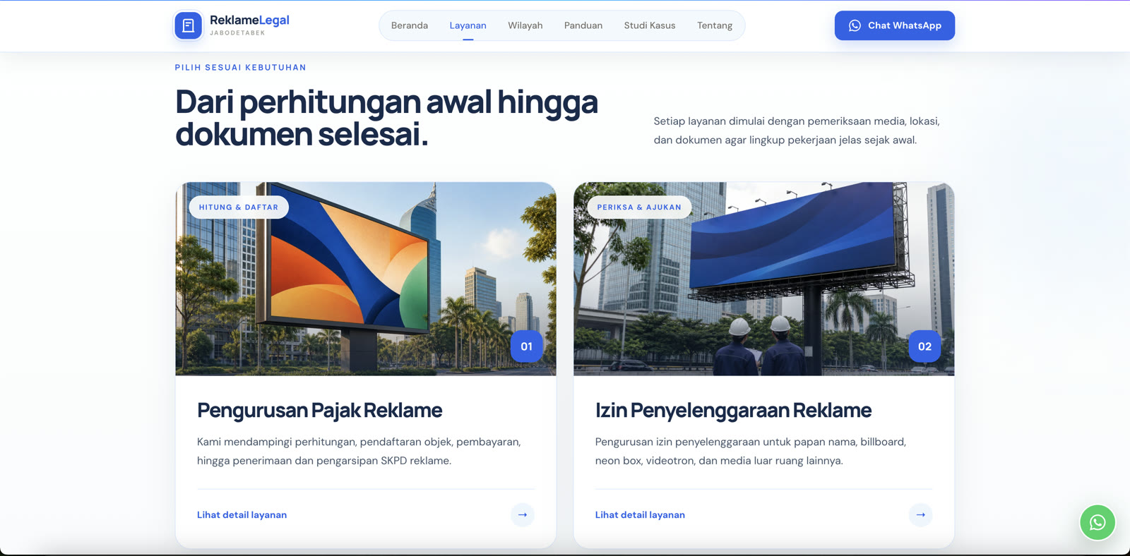 Halaman pilihan layanan ReklameLegal Jabodetabek