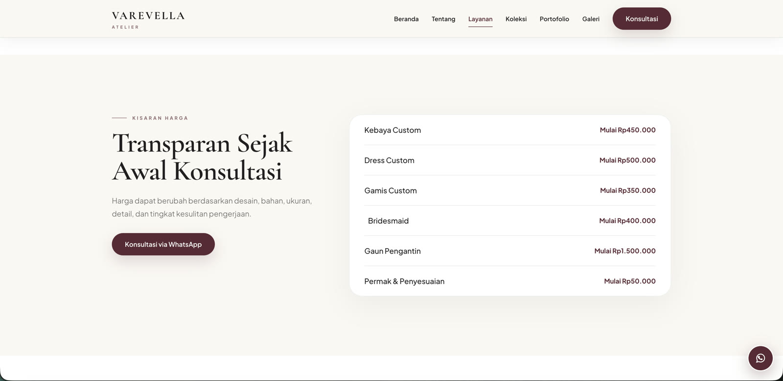 Kisaran harga layanan busana custom Varevella Atelier